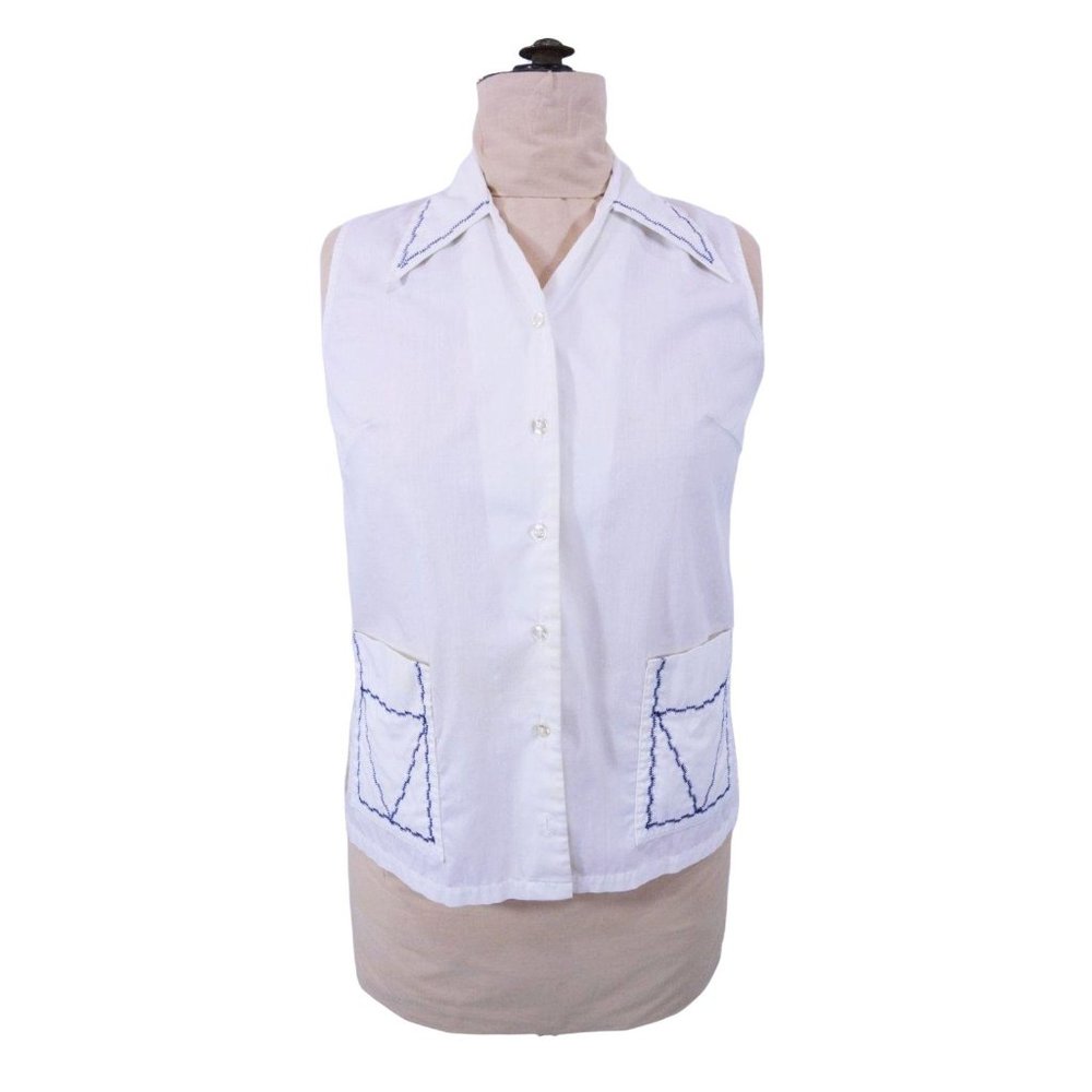 Vintage 1960s Nautical Blouse White Sleeveless Ship N Shore Top | W 40"